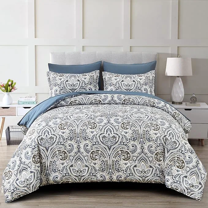 Organic Drucon Blue Paisley Comforter Set Full 7 Pieces Bed in a Bag Comforter Boho Paisley Pattern Bedding Set Soft Microfiber 1 Comforter 1 Flat Sheet 1 Fitted Sheet 2 Pillowcases 2 Pillow Shams Eco-Friendly