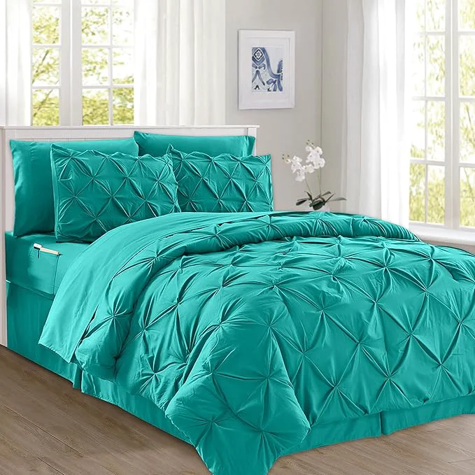 Safe Elegant Comfort 8-Piece Pinch Pleated Comforter Set – All Season Complete Bed in a Bag Includes 4pc Smart Sheet Set Bed Skirt Comforter Matching Pillowcases and Shams Twin Twin XL Teal Trendy