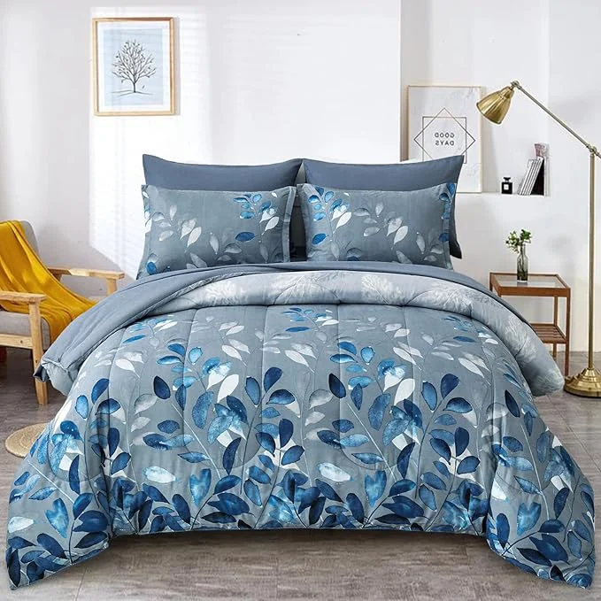Elegant Blue Comforter Set Full Size 7 Piece Botanical Leaves Gradient Bed in a Bag Ultra Soft Microfiber Down Bedding Set Lightweight Reversible Bed Comforter Set for All Season 78 quot x 90 quot High-Performance