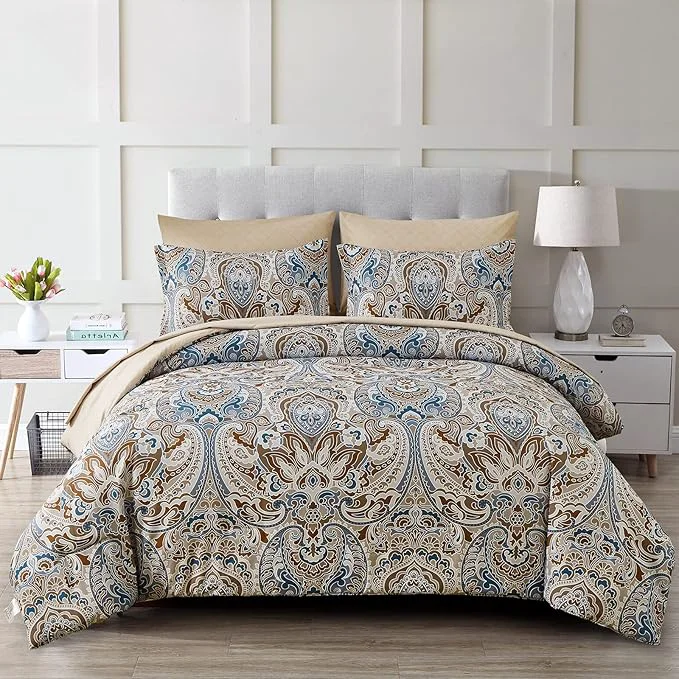 Convenient Drucon Brown Paisley Comforter Set Queen 7 Pieces Bed in a Bag Comforter Boho Paisley Pattern Bedding Soft Microfiber Queen Size Comforter with Sheet amp Pillowcase High-Grade