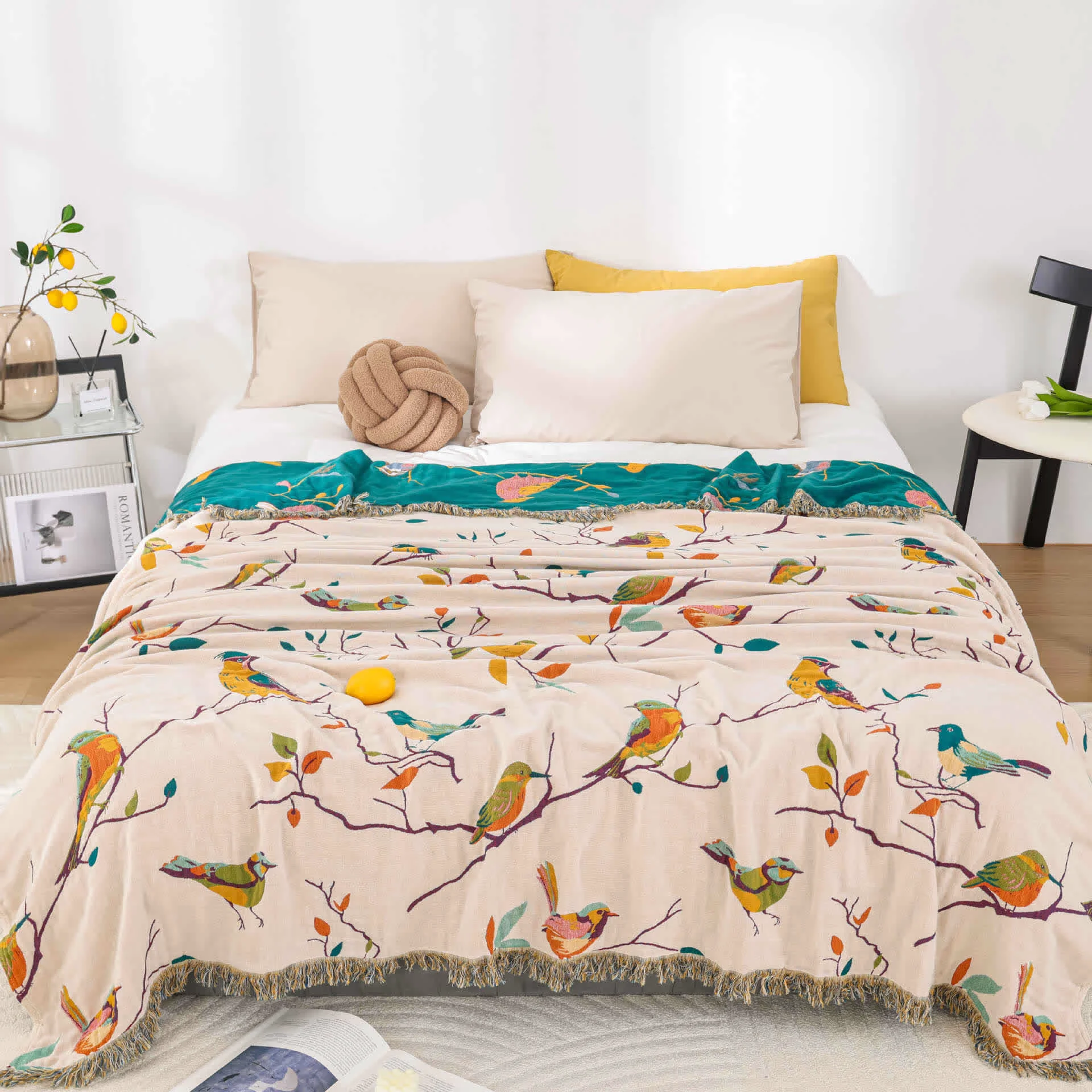 Optimized Ownkoti Cotton Gauze Pastoral Bird Tassel Quilt Dependable