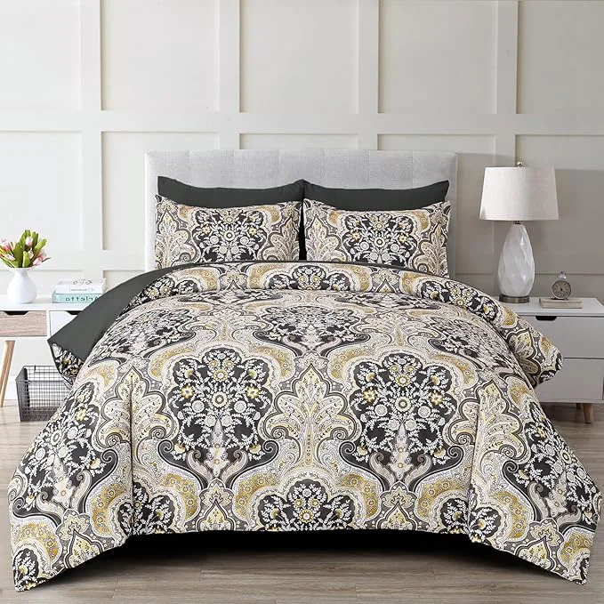 Minimalist Drucon Boho Paisley Comforter Set King Size 7 Pieces Bed in a Bag Black Gold Comforter Set Soft Lightweight Bedding Set 1 Comforter 1 Flat Sheet 1 Fitted Sheet 2 Pillow Shams 2 Pillowcases Trendy