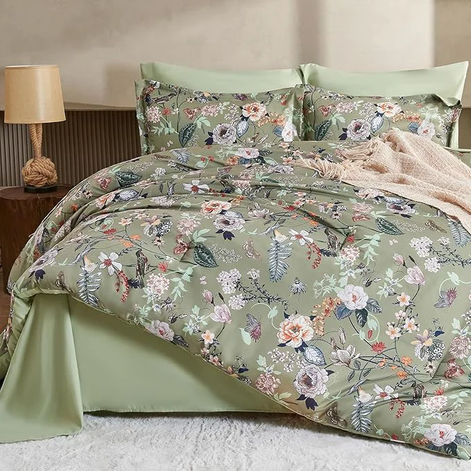 Relaxed 7 Piece Queen Comforter Set Sage Green Butterfly Floral Comforter Set with Flowers Leaves Pattern Soft Microfiber Complete Bedding Set for All Season Sage Green Queen Consistent