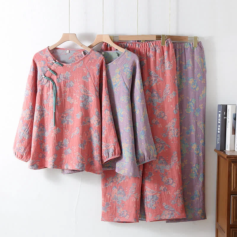 Breathable Ownkoti Floral Bird Frog Button Cotton Pajama Set Traditional