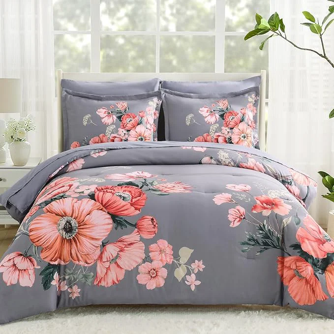 Responsible King Size Comforter Set – 7 Pieces Floral Comforter and Sheet Set Dark Grey King Size Bed in a Bag Soft Microfiber Flower Complete Bedding Set for All Seasons（Dark Grey 104 quot x90 quot ） Detailed