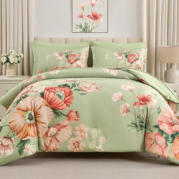 Crafted King Size Comforter Set – 7 Pieces Floral Comforter and Sheet Set Green King Size Bed in a Bag Soft Microfiber Flower Complete Bedding Set for All Seasons（Green 104 quot x90 quot ） Modern