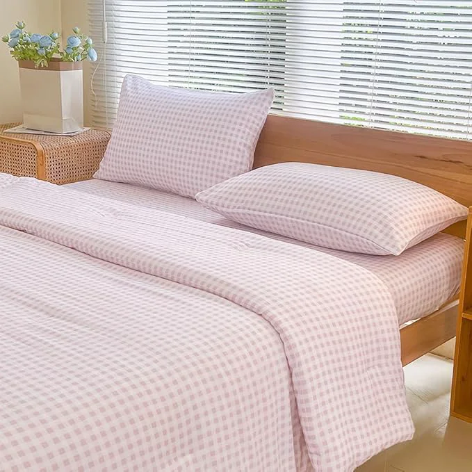Sustainable NSNLGSGC Queen Comforter Set Pink Gingham Bedding Comforter Sets Pink Grid Bed Comforter 3 Pieces 1 Comforter 2 Pillowcases Top-Quality