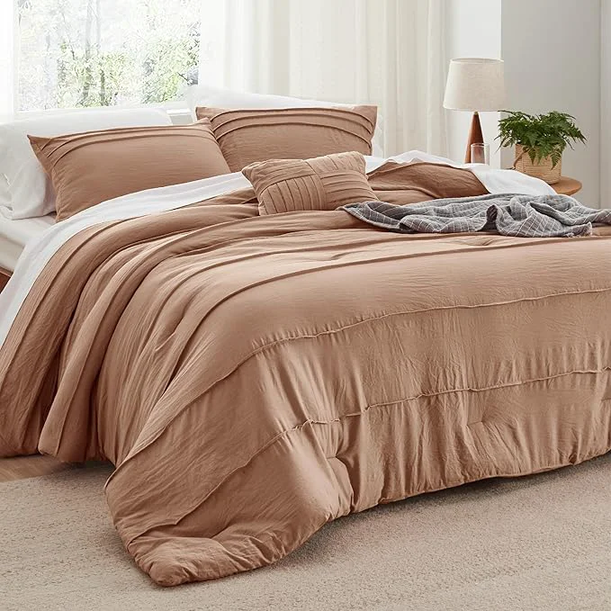 World-Class Bedsure California King Comforter Set – 4 Pieces Pinch Pleat Bed Set Taupe Boho Bedding for All Season 1 Soft Comforter 2 Pillowcases 1 Decorative Pillow Detailed