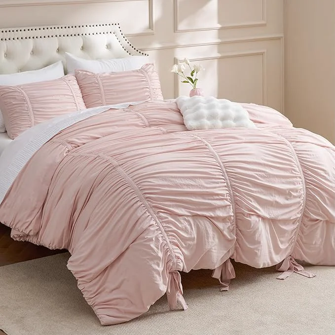 Easy-to-Use Bedsure Ruched Comforter Set with Bow Trim Pink GentleSoft™ 3 Pieces Bow Shabby Chic Bedding Pink Room Decor King Boho Bedding for Girls Teens Women 1 Bed Comforter 2 Pillow Shams 104×90 Inches Unique