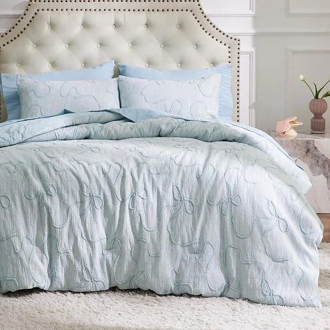 Relaxed Bedsure Dusty Blue King Size Comforter Set GentleSoft™ 3 Pieces Breathable Bow Comforter Set Women with 2 Pillow Shams Cute King Bedding Set Room Decor Aesthetic Bedroom Decor 104×90 Inches Official