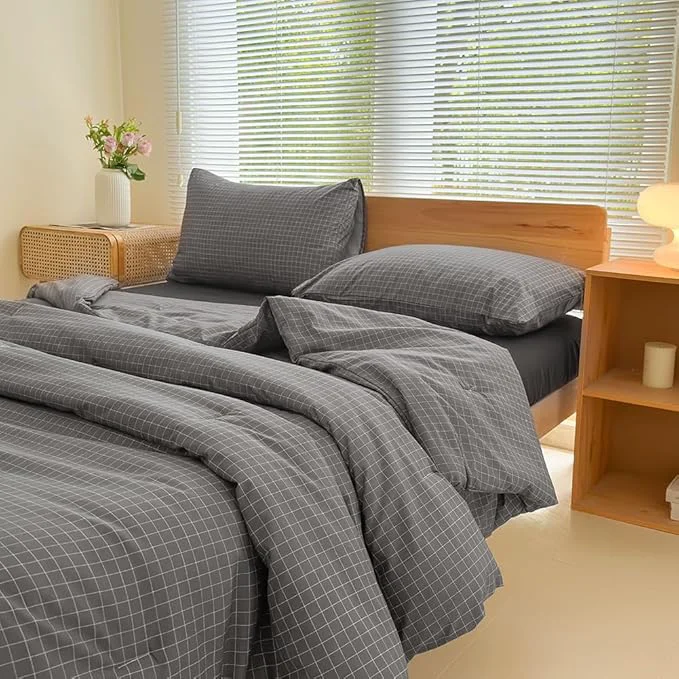 Top-Quality NSNLGSGC Queen Comforter Set Dark Gray Plaid Bedding Comforter Sets Charcoal Grid Bed Comforter 3 Pieces 1 Comforter 2 Pillowcases Original Design