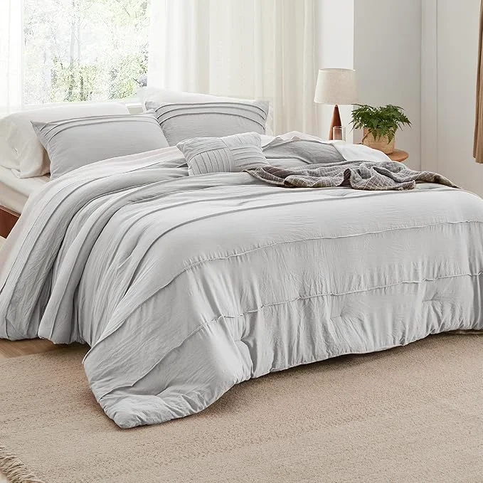 Artisan Bedsure Queen Comforter Set – 4 Pieces Pinch Pleat Bed Set Light Grey Boho Bedding for All Season 1 Soft Comforter 2 Pillowcases 1 Decorative Pillow High-Performance