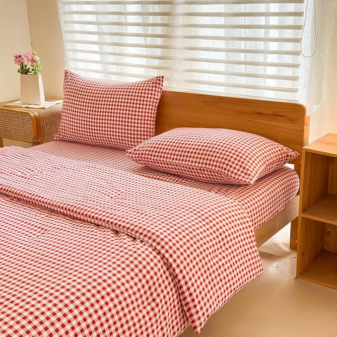 Crafted NSNLGSGC Twin Comforter Set Red Gingham Bedding Comforter Sets Red Grid Bed Comforter 2 Pieces 1 Comforter 1 Pillowcase Premium Material