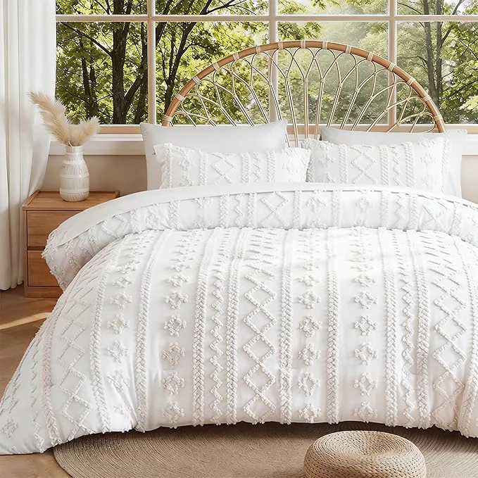 Fine MR amp HM California King Comforter Set White 7 Pieces Tufted Boho Beddding Sets Farmhouse Style Bed in a Bag with 1 Comforter 2 Pillow Shams 2 Pillowcases 1 Flat Sheet 1 Fitted Sheet Specialty