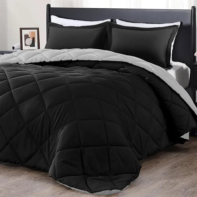 Optimized downluxe Full Size Comforter Set – Black and Grey Full Comforter – Soft Bedding Sets for All Seasons -3- Piece Comforter Set Full with 2 Reversible Pillow Shams Eco-Friendly