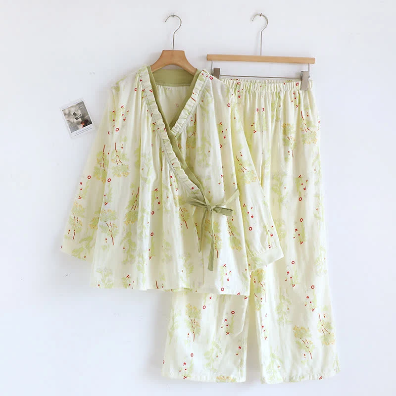 Smart Rural Slanted Collar 100 Cotton​ Nightwear Set Dependable