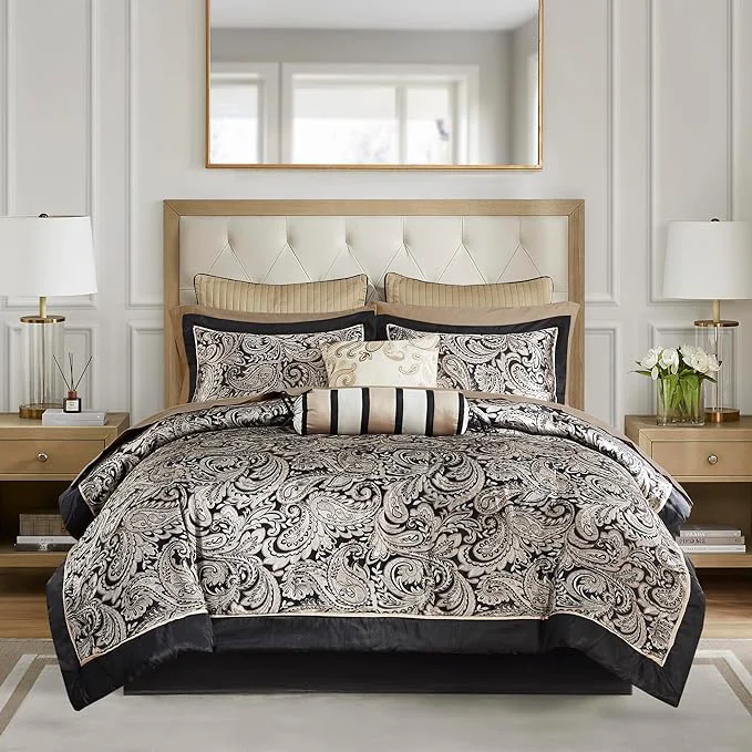 Fine Crafted Madison Park Aubrey Cozy Comforter Set Faux Silk Jacquard Paisley Design – All Season Down Bedding with Cotton Bed Sheets Bed Skirt amp Toss Pillows Full Black 12 Piece Luxury