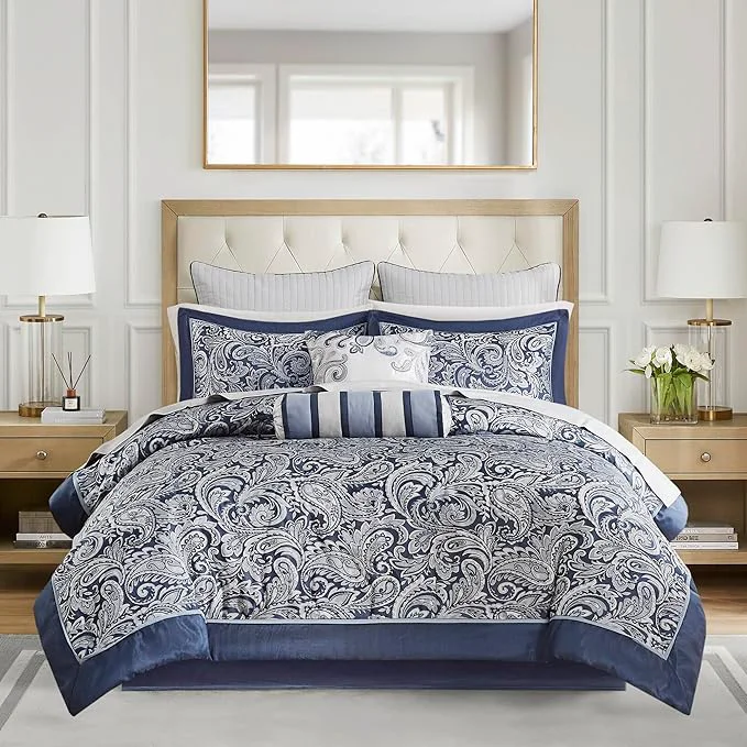 Pure Madison Park Aubrey Cozy Comforter Set Faux Silk Jacquard Paisley Design – All Season Down Bedding with Cotton Bed Sheets Bed Skirt amp Toss Pillows King Navy 12 Piece Dependable