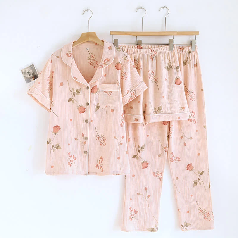 Crafted Ownkoti Rural Rose Cardigan Cotton Gauze Pajama Set 3PCS Trusted