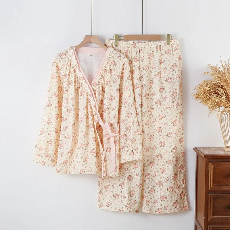 Smooth Ownkoti Cotton Double Gauze Floral Long Sleeve Loungewear Set Casual