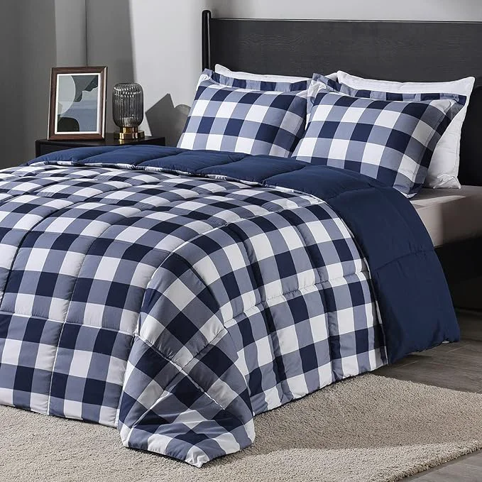 Next-Generation downluxe Lightweight Plaid Comforter Set King with 2 Pillow Shams – 3-Piece Set – Blue White Plaid – Down Reversible Comforter Effective