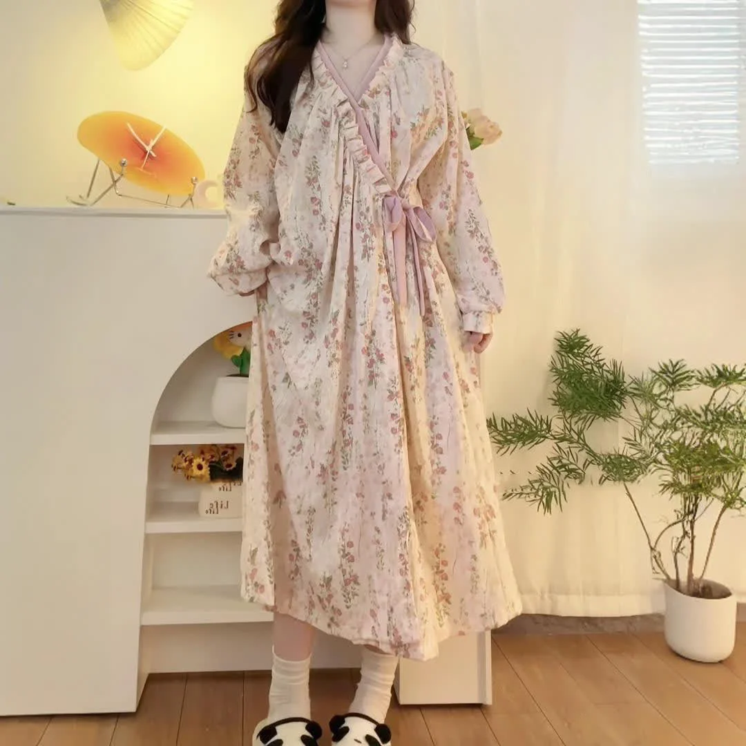 Smooth Ownkoti Floral V-neckline Soft Long Nightgown Clean