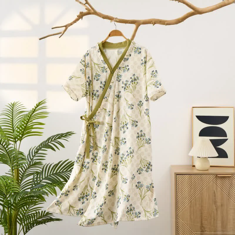 High-Performance Ownkoti Pastoral Padded Short Sleeve Tie-Back Nightgown with Pocket Healthy