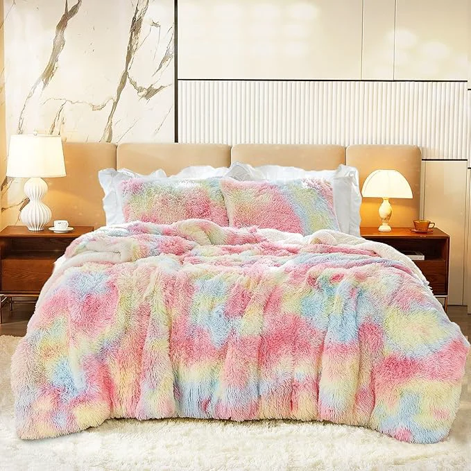 Classic Luxury Faux Fur Shaggy Comforter Set Twin Size Plush amp Sherpa Reversible Comforter Tie Dye Rainbow 3 Pieces Fluffy Fuzzy Bedding Set Ultra Soft and Warm for Winter 1 Comforter 2 Pillowcases Premium Material
