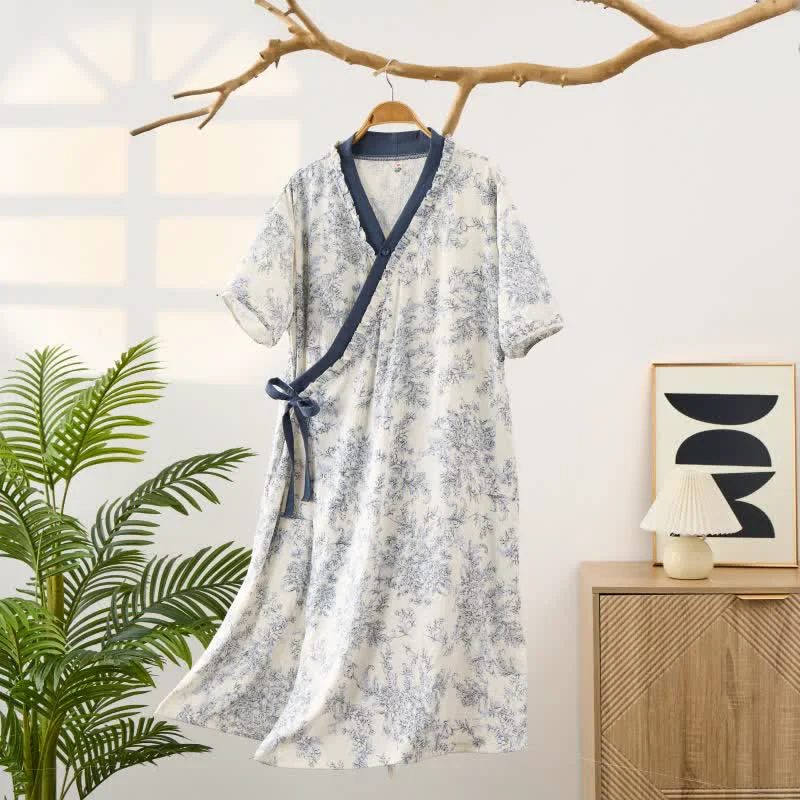 Natural Ownkoti Country Style Padded Tie Nightgown with Pocket Easy-to-Use