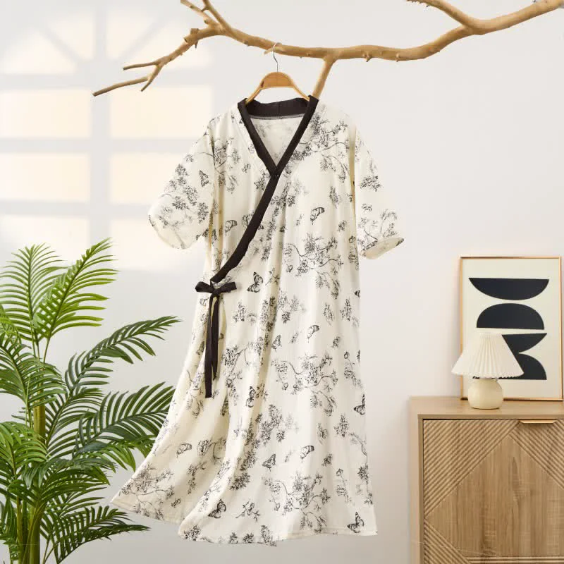 Premium Ownkoti Floral Butterfly Print Padded Tie Nightgown with Pocket Crafted