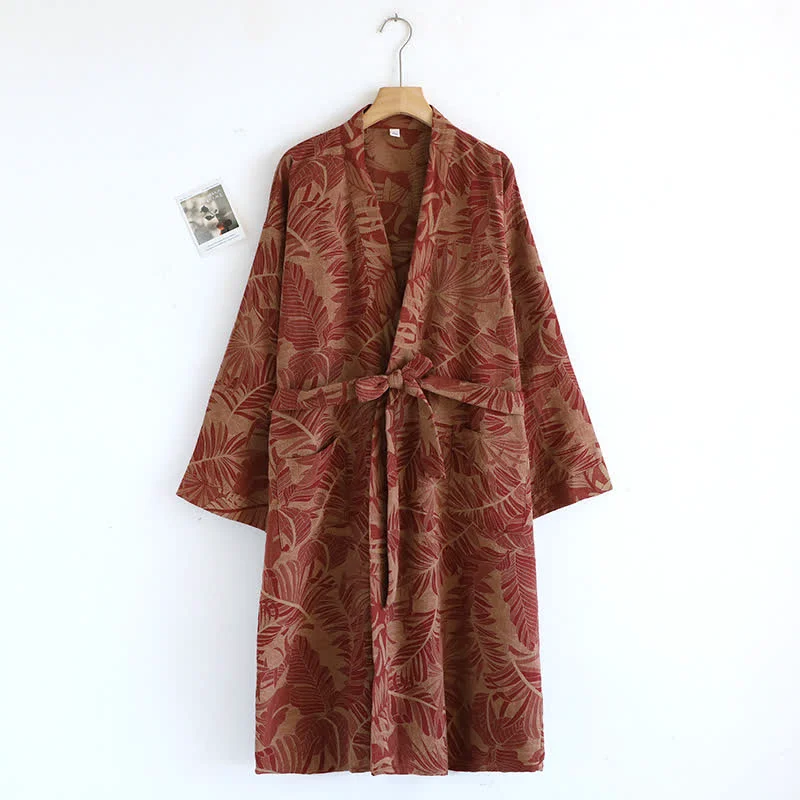 Efficient Ownkoti Vintage Yarn-dyed Leaf Jacquard Cotton Bathrobe Excellent