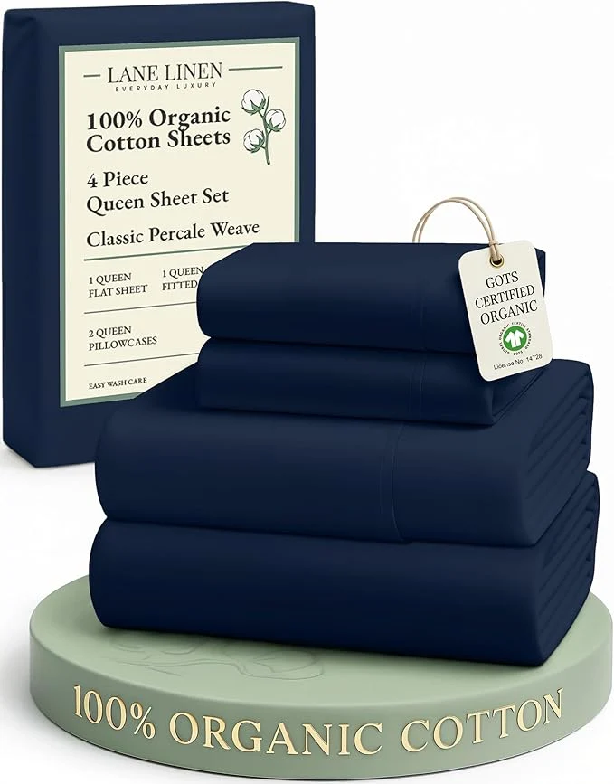 Lightweight LANE LINEN Eco Friendly Organic Cotton Bed Sheets Queen Size Soft amp Comfy Percale Weave Fully Elasticized Mercerized Naturally Cooling Cotton Sheets Queen Size Set- Navy High-Performance