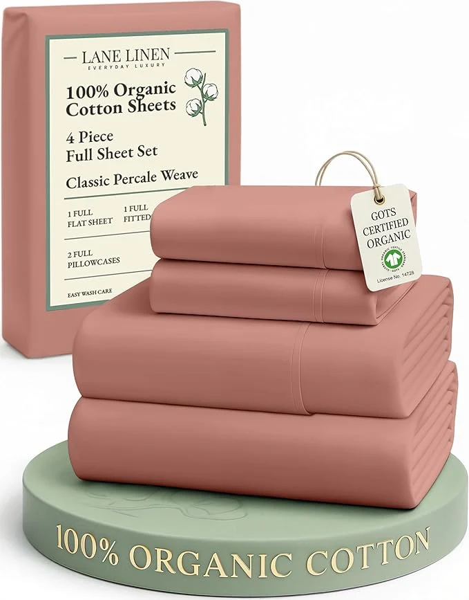 Next-Generation LANE LINEN Organic Cotton Full Sheets Set 4-Piece Pure Organic Cotton Percale Sheets Long Staple Cotton Sheet Ultra Soft Bedding Sheets Breathable Fits Mattress Upto 15 quot Deep – Rose Dawn Recyclable