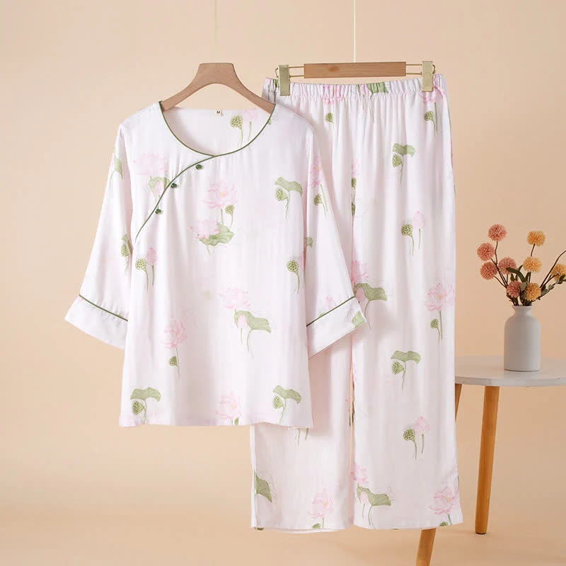 Fast Ownkoti Round-neck Bamboo Fiber Lotus Pajama Set Easy-to-Use