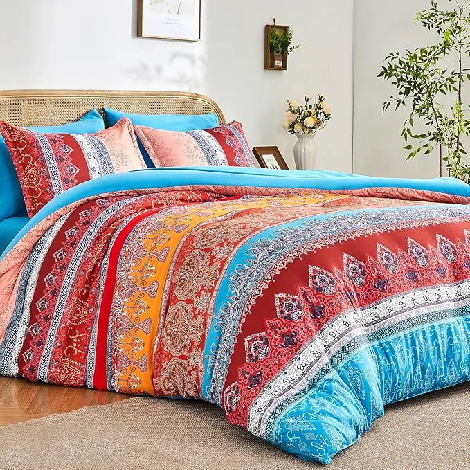 Verified Boho Comforter Set Queen – 7 Pieces Bed in a Bag Bohemian Striped Comforter Set with Sheets Soft Microfiber Colorful Floral Bedding Set for All Season Selected