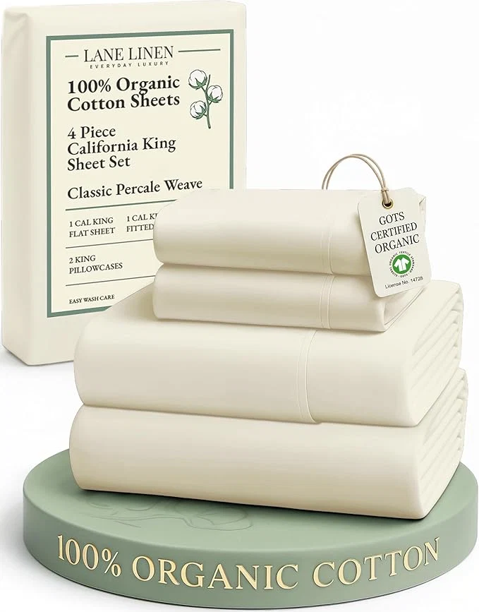 Optimized LANE LINEN Organic Cotton California King Sheets Set 4-Piece Pure Organic Cotton Long Staple Percale Weave Soft Bedding Sheets for Bed Breathable Fits Mattress Upto 15 quot Deep – Natural