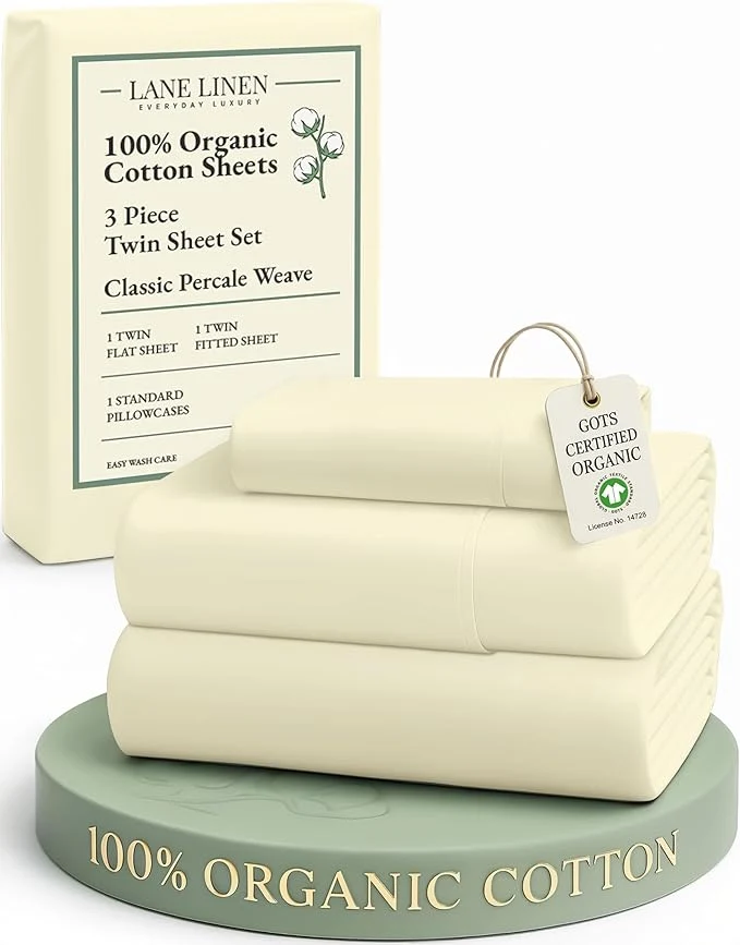 Exclusive LANE LINEN Organic Cotton Twin Bed Sheet Set Soft Comfy amp Breathable Hotel Style Percale Bedding Sheets amp Pillowcases Set Mercerized Cotton Fully Elasticized Sheets Twin- Vanilla Premium