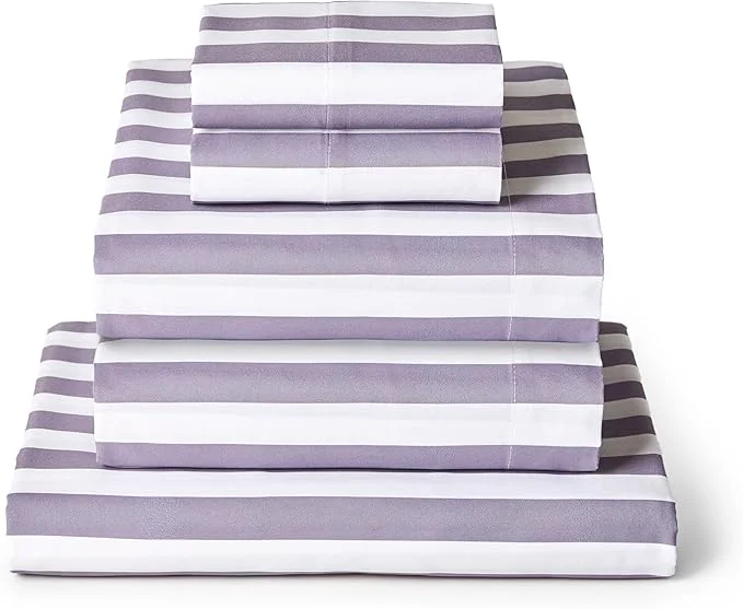 Premium Material Mellanni Split King Sheets Set – 5 PC Iconic Collection Bedding – Hotel Luxury Soft Cooling Bed Sheets – Wrinkle Fade Stain Resistant Split King Oxford Stripe Hazy Lilac Comfortable