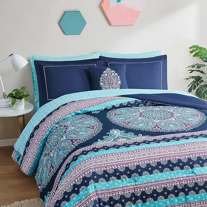 Excellent Degrees of Comfort Full Size Comforter Sets with Sheets Blue Boho Mandala Teenage Girl Bedding Bohemian Bed in A Bag Microfiber Bed Set 8 Piece Matching Decorative Pillow Navy Detailed