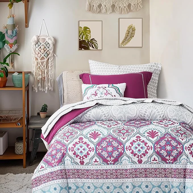 Luxury Degrees of Comfort Twin XL Complete Comforter Sets Lattice Boho Bed in A Bag Microfiber Bedding Set with Side Pockets Matching Decorative Pillow 6 Piece Purple Outstanding