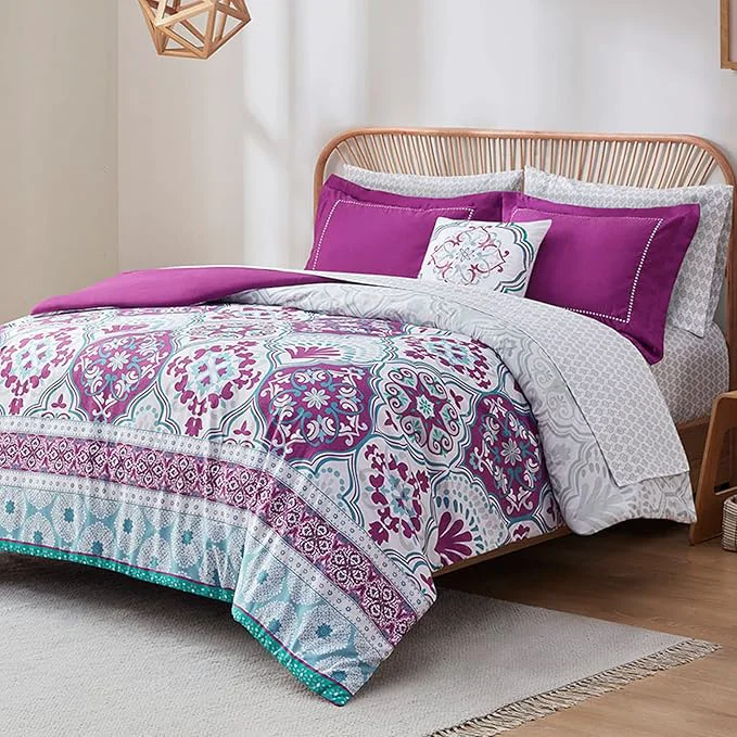 Original Degrees of Comfort Full Size Complete Comforter Sets Lattice Boho Bed in A Bag Microfiber Bedding Set with Side Pockets Matching Decorative Pillow 8 Piece Purple Powerful
