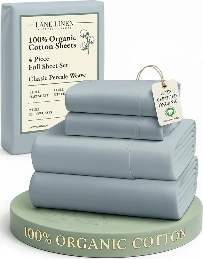 Unique LANE LINEN Organic Cotton Full Sheets Set 4-Piece Pure Percale Soft Bedding Breathable Fits Mattress Upto 15 quot Deep – French Blue High-Quality
