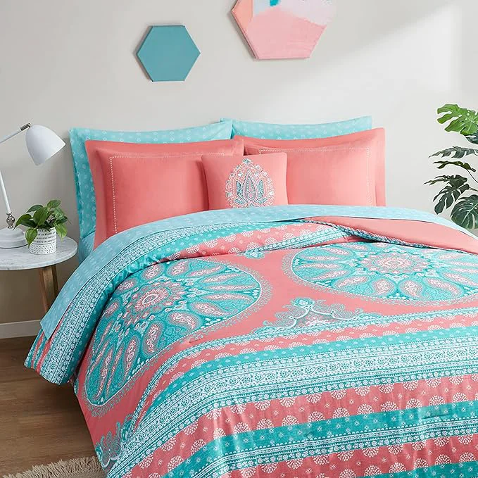 Refined Degrees of Comfort Twin Bed in A Bag 6 Piece Boho Mandala Bedding Sets for Girls Coral Tween Bed Set Microfiber Comforter Set with Sheet Matching Decorative Pillow Sustainable
