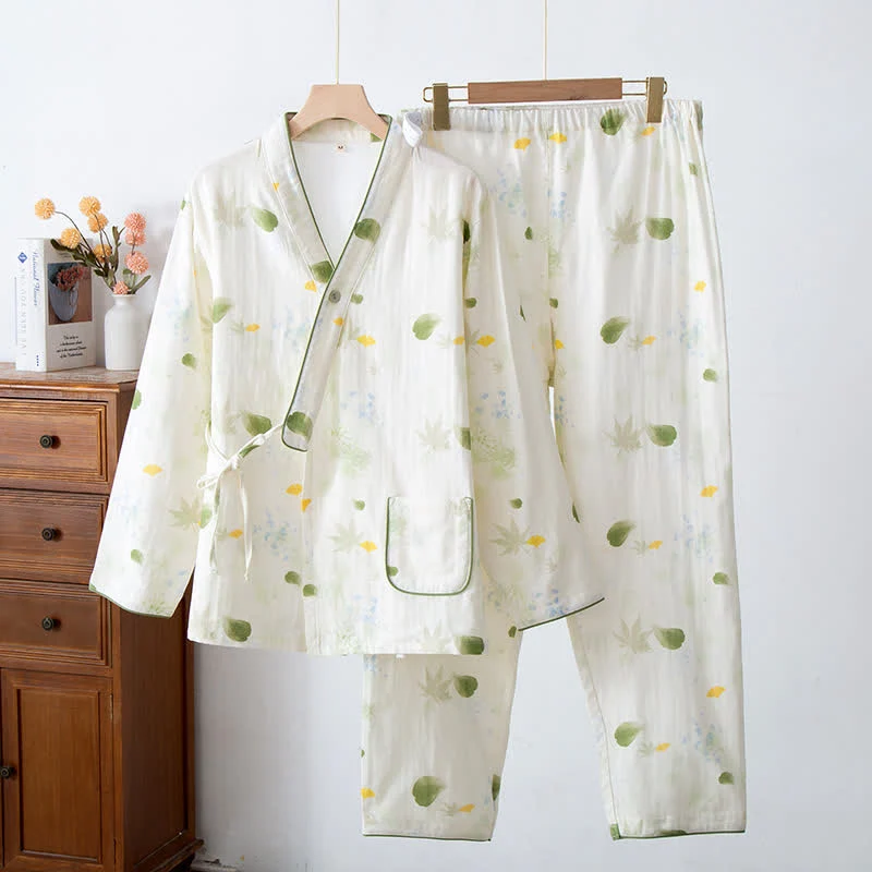 Fine Crafted Ownkoti Leaf Print Cotton Gauze Kimono Adjustable Pajama Set Fashionable