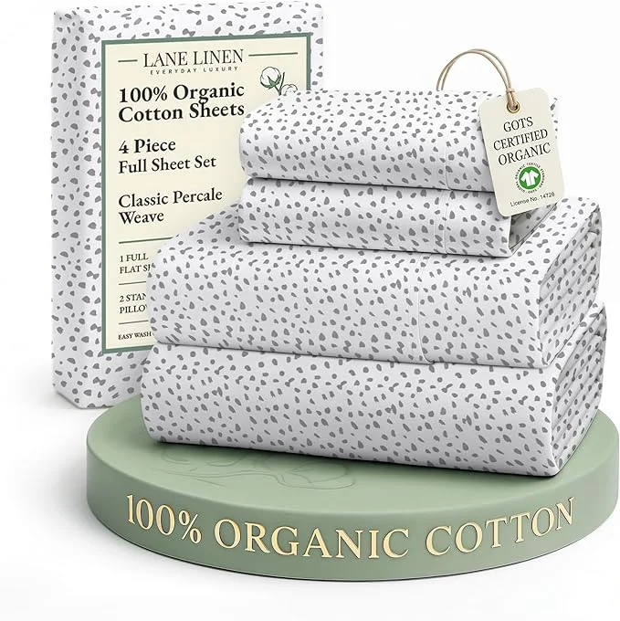 Elite LANE LINEN Organic Cotton Printed Full Size Sheet amp Pillowcase Sets 15 quot Deep Pocket Fully Elasticized Soft amp Comfy Percale Bedding Eco Friendly Cotton Sheets Full- Haze Grey Clean