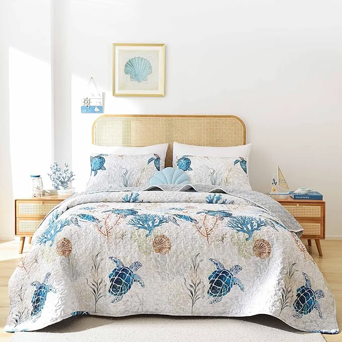 Convenient weigelia Coastal Quilt Set King Size – Sea Turtle Ocean Print Lightweight Soft Microfiber Summer Comforter with 2 Pillow Cases – Beach Bedding Coverlet Decor for All Seasons Bedroom amp Guest Room User-Friendly