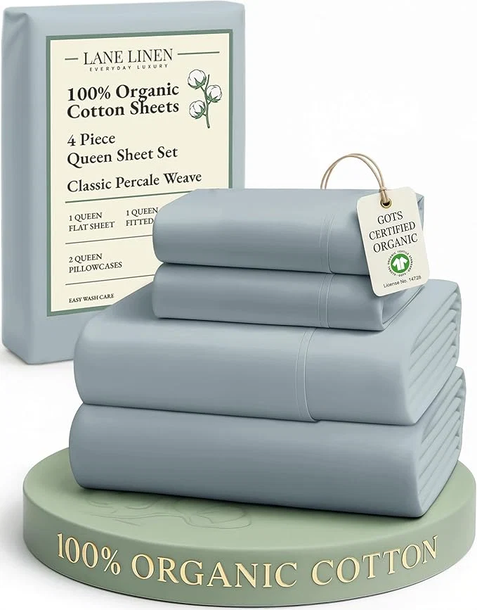 Sustainable LANE LINEN Organic Cotton Eco Friendly Sustainably Produced Queen Sheets Set Low Pill Fade Resistant Machine Wash Fully Elasticized Cotton Bedding Queen Set- French Blue Next-Generation
