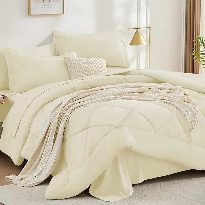 Clean FUANNA 7 Pieces Queen Comforter Set All Season Bed in a Bag Queen Size Luxury Soft Bedding Sets with Comforter Flat Sheet Fitted Sheet Pillowcases amp Pillow Shams Cream White Versatile
