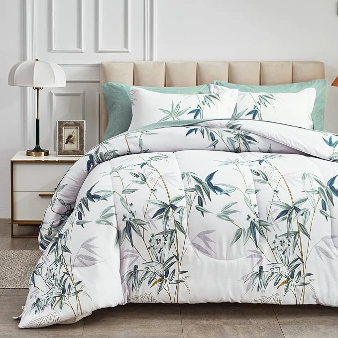Relaxed 7 Pieces Bed in a Bag Queen Comforter Set with Sheets Green Leaves on White Botanical Design Bedding Sets for All Season 1 Comforter 2 Pillow Shams 1 Flat Sheet 1 Fitted Sheet 2 Pillowcases Recyclable
