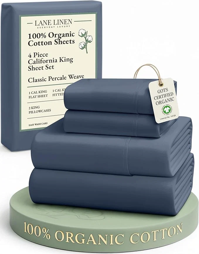 Smart LANE LINEN Organic Cotton Sheets for California King Size Bed – Soft Percale Sheets Breathable Luxury Hotel Style Fully Elasticized Mercerized 15 quot Deep Pocket Cal King Sheet Set- Estate Blue Effective